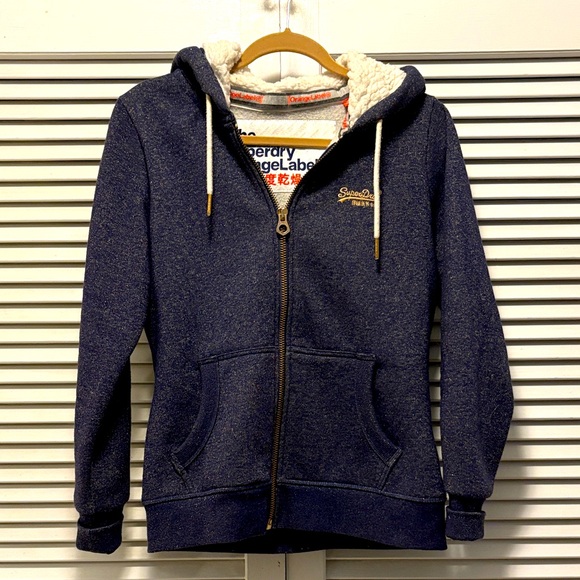 Superdry Size 10 Cozy Navy Blue Sparkle Hoodie with Cream Sherpa Lining - Picture 1 of 4
